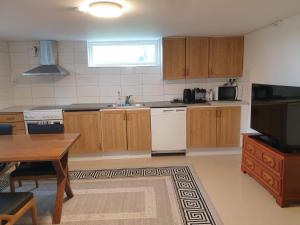 隆德Spacious and cozy semi-basement的厨房配有木制橱柜、桌子和水槽。