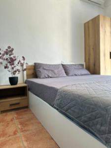 帕拉利亚卡泰里尼斯Olympus Apartments的一间卧室配有一张大床和木制床头板