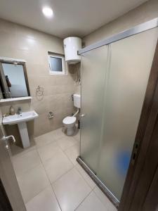 乌尔齐尼Regatta Inn的带淋浴、卫生间和盥洗盆的浴室