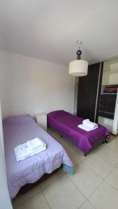 卢汉德库约Alojamiento en Luján de Cuyo的紫色床单的客房内的两张床