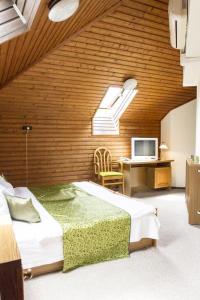 布达佩斯莫尔纳酒店的一间卧室配有一张床和一张书桌及电视