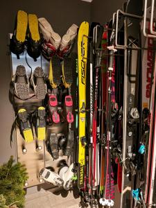 图拉彻霍赫Grünseeappartement的房间里的一捆滑雪板和其他滑雪设备