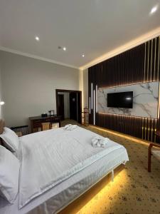 撒马尔罕梅克斯特皇宫酒店的一间卧室配有一张大床和一台平面电视