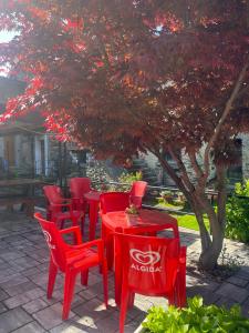 赫拉弗多纳德尔法尔科酒店的一排红桌子和椅子在树下