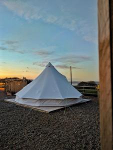 哈肯Top pen y parc farm bell tent的坐在地面的白色帐篷