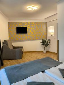 布什泰尼Pensiunea Liziera的客厅配有沙发和墙上的电视