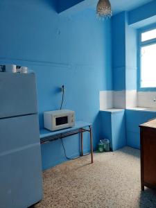 雅典ACROPOLIS ViEW MIXED DORMITORIES 1 MINUTE BY THISSIO METRO STOP的蓝色的厨房配有冰箱和微波炉