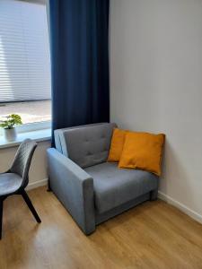 帕比亚尼采STUDIO BLUE BIRD PIĘKNA 2 wejście na kod CENTRUM的客房内的灰色沙发,配有橙色枕头