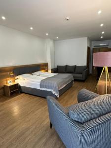 科布列季Hotel Homey Kobuleti的一间卧室配有一张床、两张沙发和一张沙发。