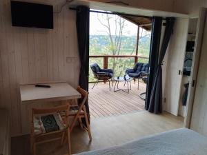 阿尔邦Camping Domaine de Senaud的卧室享有甲板美景,配有电视