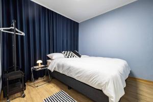 首尔Luxury Songpa Room的一间卧室配有一张带蓝色窗帘的大床