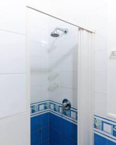 莱切Davids Room Palazzo Tamborino的浴室设有蓝色和白色瓷砖淋浴。