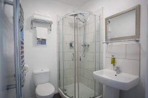 洛斯托夫特Allseasons Hotel的带淋浴、卫生间和盥洗盆的浴室