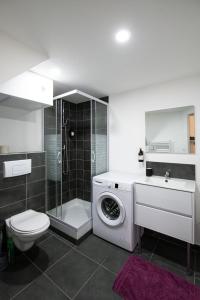 里昂Casa Azul - Belle maisonnette colorée - Garibaldi的一间带洗衣机和卫生间的浴室