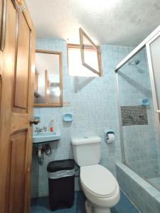 拉塔昆加Hotel Rosim Cotopaxi的浴室配有卫生间、盥洗盆和淋浴。