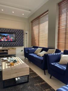 布尔班Swiss Cottage Bhurban的客厅配有蓝色的沙发和电视