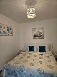 茹里洛夫卡Casa EMMA的一间卧室配有一张带蓝色和白色棉被的床