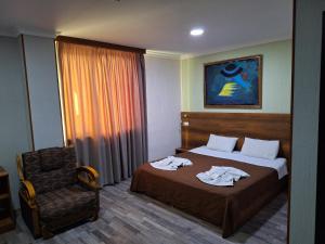 库塔伊西Hotel Georgian Memory的配有一张床和一把椅子的酒店客房