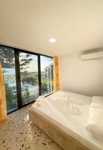 都拉斯Bellavista Villa的一间卧室设有一张大床和大窗户