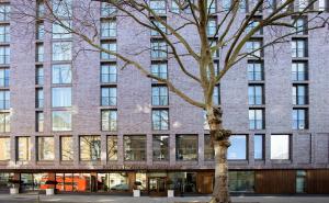 伦敦H11伦敦滑铁卢酒店的前面有一棵树的大型砖砌建筑