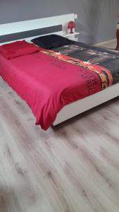BrézéChambre的铺有木地板的一张带红色毯子的床