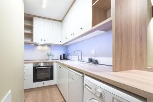 OrestiadaNo125 - City Centre Studio Apartment的厨房配有白色橱柜和木制台面