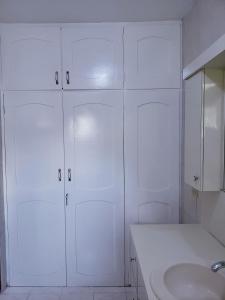 蒙特哥贝Cozy Apartment Greenwood的白色的浴室设有水槽和白色橱柜。