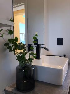 拉巴斯Casa Palma 2的一间带水槽和花瓶的浴室