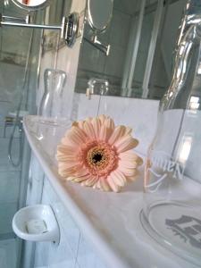 GosztolaGosztola Gyöngye-az erdő szállodája的粉红色的花朵坐在浴室水槽上