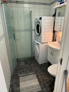 延雪平Lägenhet Elmia的一间带洗衣机和洗衣机的浴室