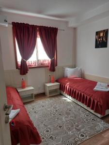 SăcueniVILA ONIX的一间卧室设有两张红色的床和窗户