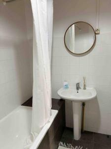 马达莱纳Casa do Cacto - 1 Bedroom Cosy Flat的一间带水槽和淋浴帘的浴室