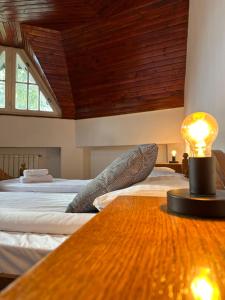 普雷代亚尔Pine Peak Apartments的一间卧室配有两张床和一张带台灯的桌子