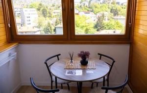萨拉热窝Apartment Nanami的一张桌子,房间有两个窗户,一张桌子上有鲜花