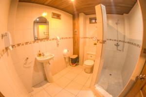 巴尼奥斯La Casa del Molino Blanco B&B的带淋浴、盥洗盆和卫生间的浴室