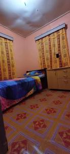 Kapeta Cabin的一间卧室配有床和窗帘,铺有地毯