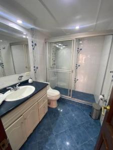 波哥大Hermosa casa con gran ubicación的浴室配有卫生间、盥洗盆和淋浴。