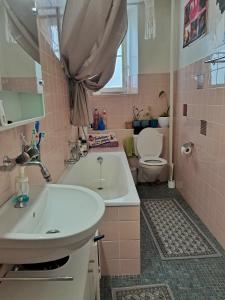 沃韦À côté du lac的粉红色的浴室设有水槽和卫生间
