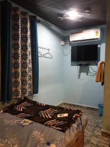萨塔拉Ingawale farmhouse (agro tourism)的一间房间,配有一张床和墙上的电视