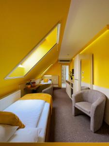下厄尔什Hotel Mayer Alsóörs的酒店客房设有两张床和天窗。