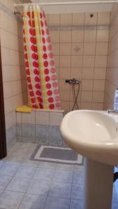 阿莫利亚尼岛Stella Maisonettes的一间带水槽和淋浴帘的浴室