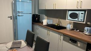 图尔恰Live Tulcea Hotel的厨房配有蓝色冰箱和微波炉