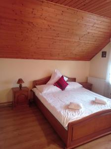StoeneştiCasa de Vacanta Eva的一间卧室设有一张木天花板床。