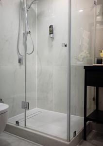 美因河畔法兰克福法兰克福城市天际线酒店的浴室里设有玻璃门淋浴