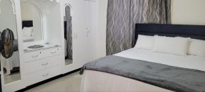 苏瓦Meadroad homestay &Tours的一间卧室配有一张床、梳妆台和镜子