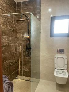 乌姆苏克Villa mima的带淋浴、卫生间和屏幕的浴室