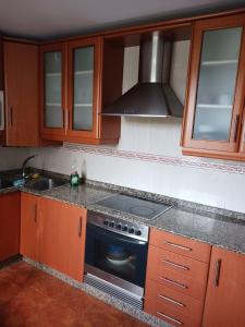 拉科鲁尼亚Alojamiento PLAYA DE PANTIN的厨房配有木制橱柜和炉灶烤箱。