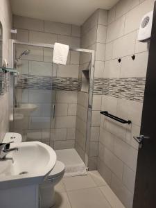 邓加文360 Town Stay Apartments & Studios的带淋浴、卫生间和盥洗盆的浴室