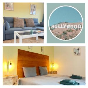 阿尔热祖尔California Dream Inn的两张图片的酒店客房 - 带一张床和一张沙发