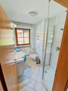 雷特温克尔Sonnenwinkl的带淋浴、盥洗盆和卫生间的浴室